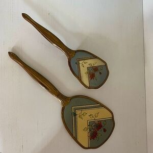 Vintage Hand Mirror and Brush Set with Floral Design